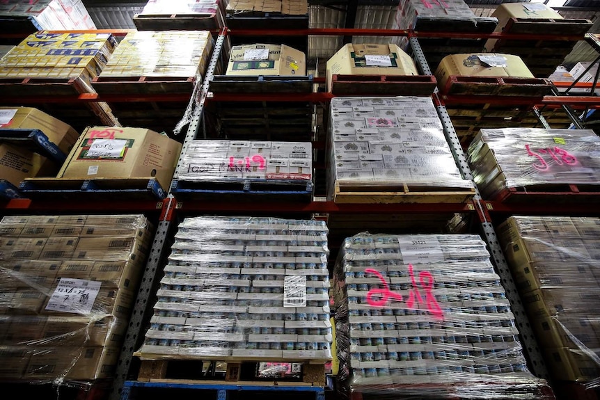 Rows of salvaged food at a foodbank warehouse in Brisbane, taken in April 2018