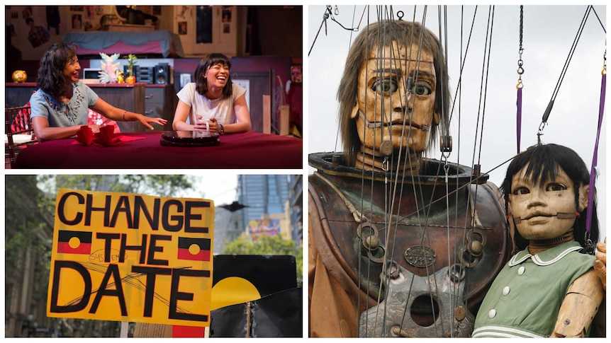 Three images: Two women sitting at a table laughing, a sign with "change the date" written on it, two giant marionette puppets.