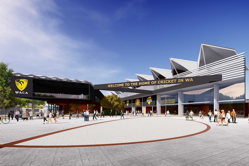 An artist's impression of the entrance to a redeveloped WACA Ground in Perth, with people outside a piazza.