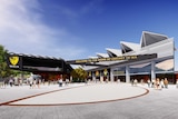 An artist's impression of the entrance to a redeveloped WACA Ground in Perth, with people outside a piazza.