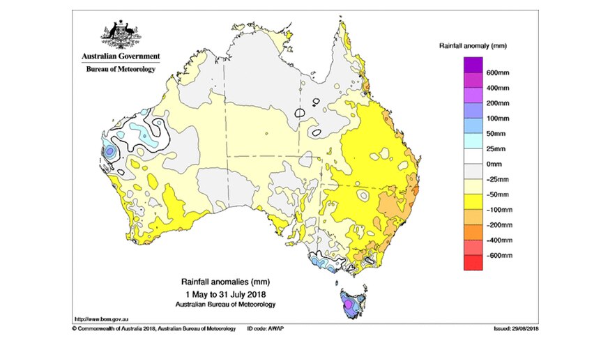 Map of Australia covered mainly in yellow showing between 50 to 100 ml below average rainfall