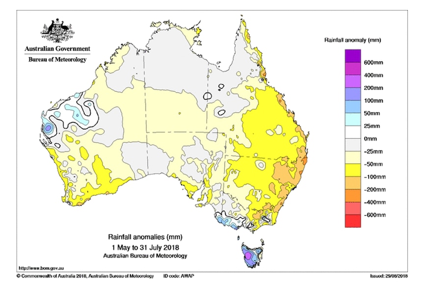 Map of Australia covered mainly in yellow showing between 50 to 100 ml below average rainfall