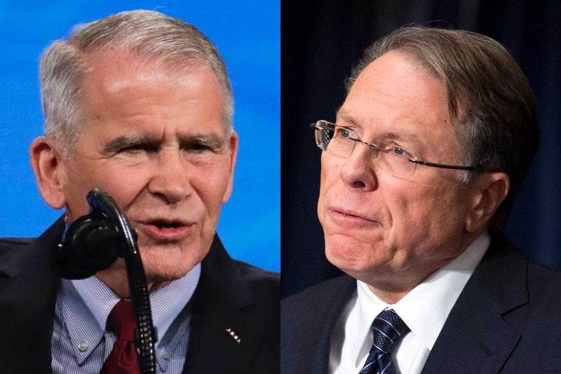 A composite image of Oliver North and Wayne LaPierre.