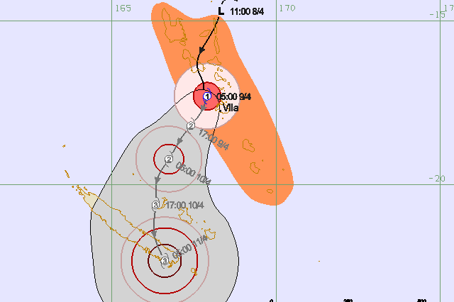 A cyclone forecast track map shows Cyclone Cook over Vanuatu