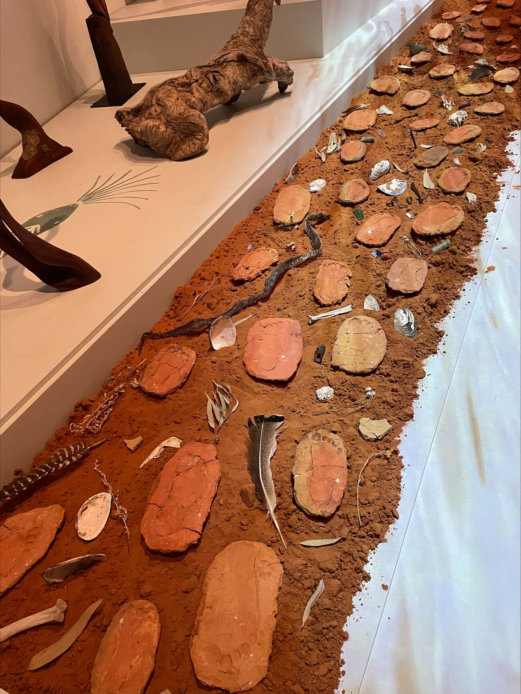 A patch of dirt with a series of clay mold footprints and sticks