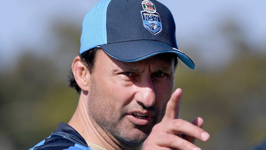 Coach Laurie Daley gestures during the New South Wales State of Origin team training session.