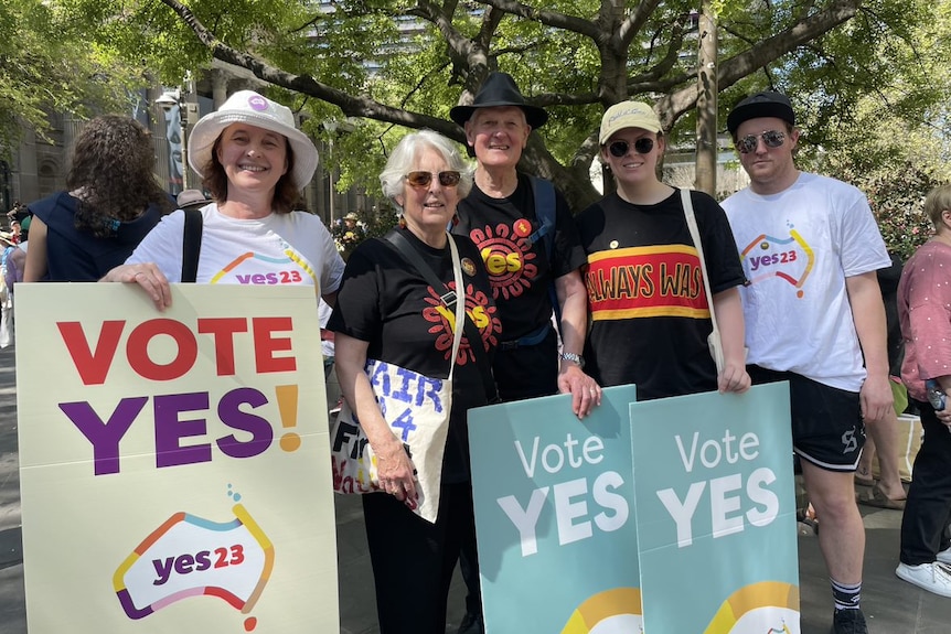 Five people at the 'Walk for Yes' rally in central Melbourne