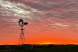 A Southern Cross Windmill silhouetted against a yellow and orange sunset 