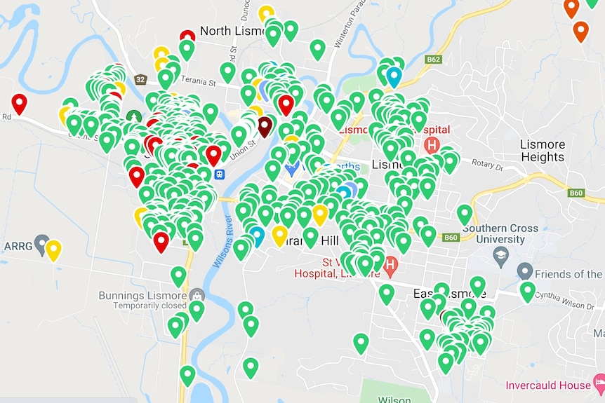 A map with countless markers showing where people have asked to be rescued