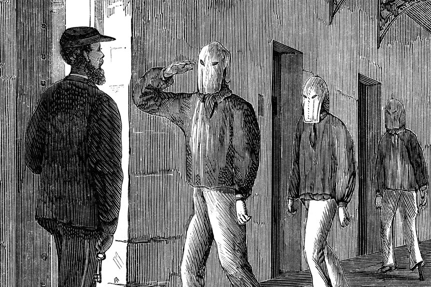 Black and white drawing of prisoners saluting guard as they enter cells, wearing hoods covering their faces, with eye-slits.