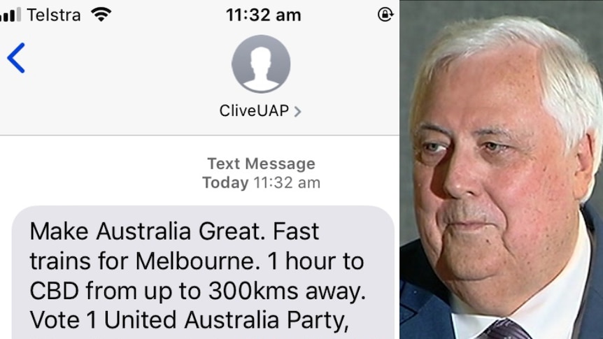 A composite image of a text message and businessman clive palmer.