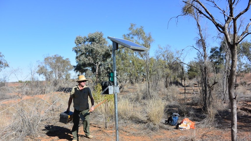 A man using a sound recorder to monitor outback ecosystems.