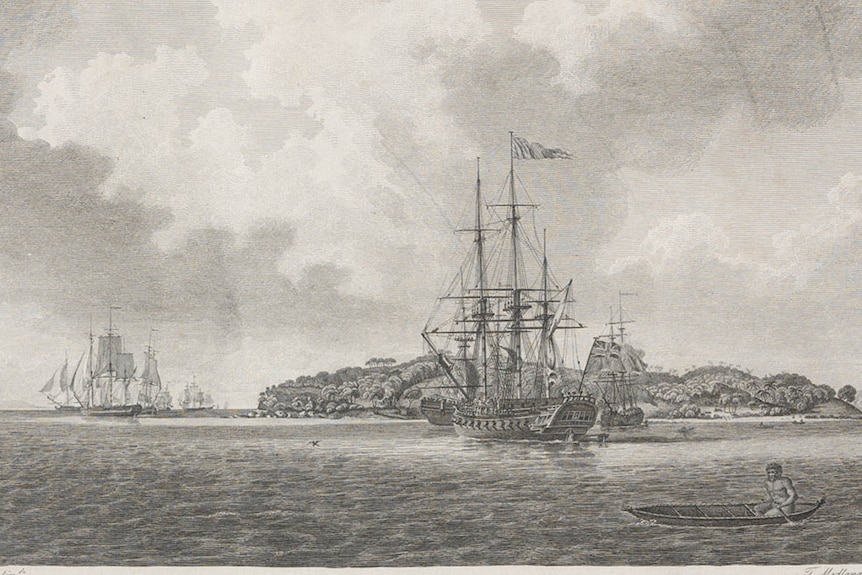 A black and white sketch depicts an Aboriginal man in a canoe in front of a colonial ship