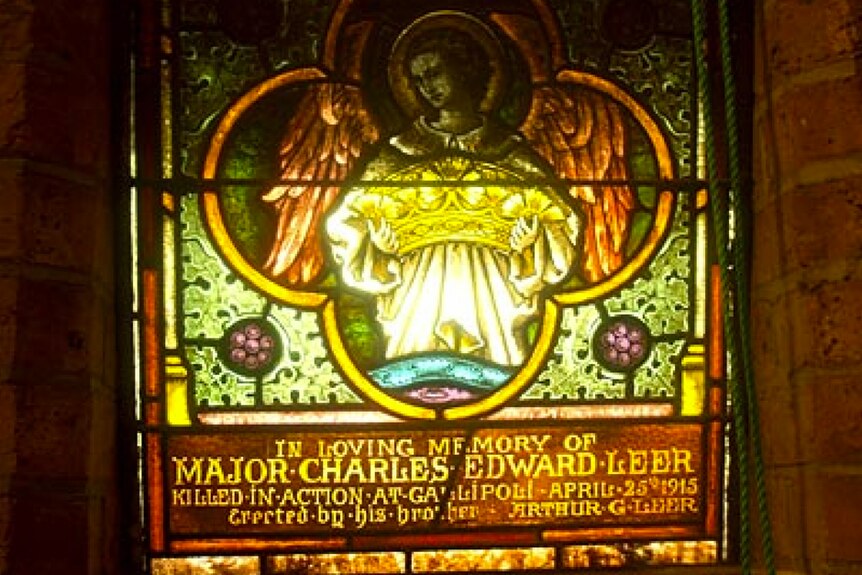 A stained glass memorial to Charles Leer, noting his killing in action at Gallipoli on April 25th, 1915.