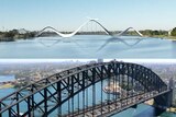 A composite of an artists impression of the footbridge, which looks like a squiggly line, and the Sydney Harbour Bridge.