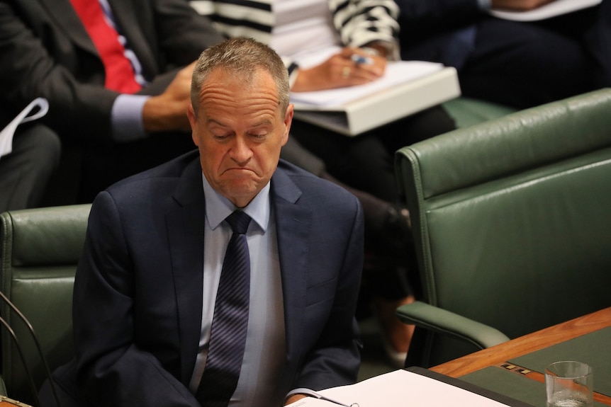 Opposition Leader Bill Shorten frowns during Question Time. He's wearing a navy suit and blue tie.