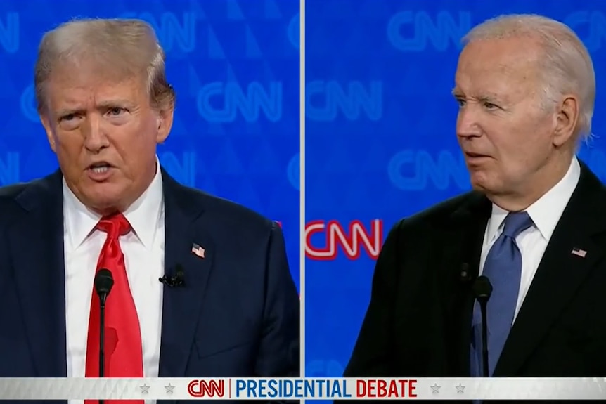 A television screengrab showing Donald Trump speaking and Joe Biden responding.