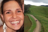 A split image showing a smiling young woman and a country road winding through rolling green hills.