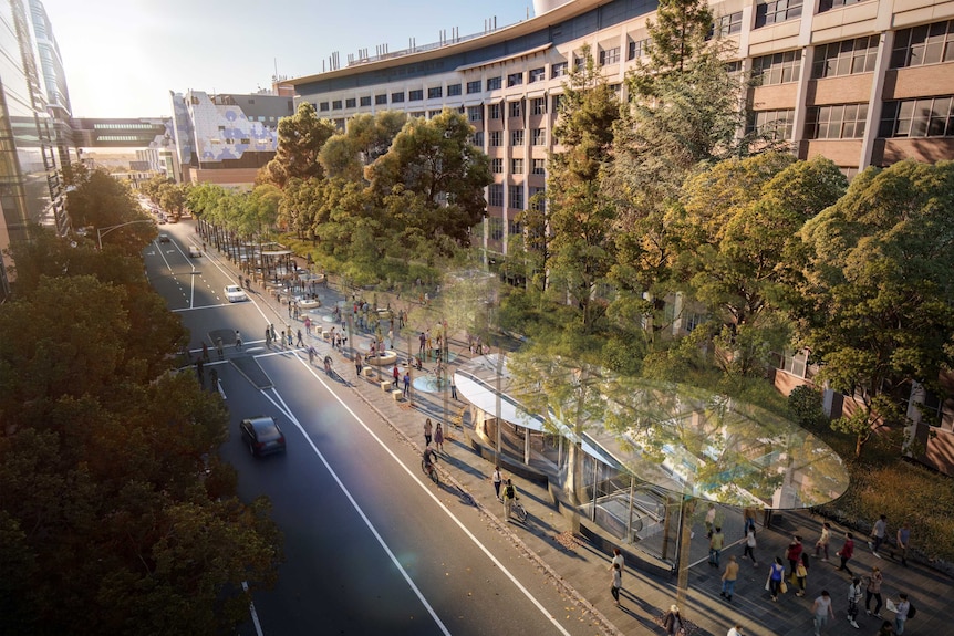 An artist's impression of the street scape outside the new Parkville Station.