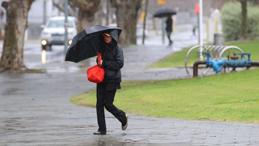 A woman holding a black umbrella and a red bag walks on Royal Street in East Perth as rain falls, with another person behind.