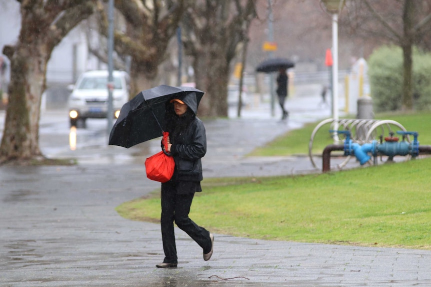 A woman holding a black umbrella and a red bag walks on Royal Street in East Perth as rain falls, with another person behind.