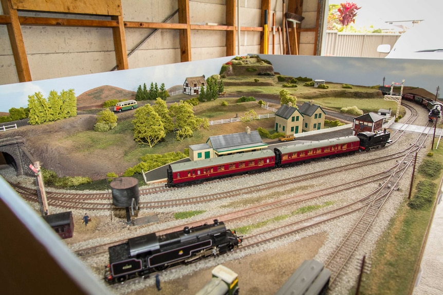 An aerial view of a model railway.
