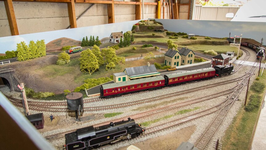 An aerial view of a model railway.