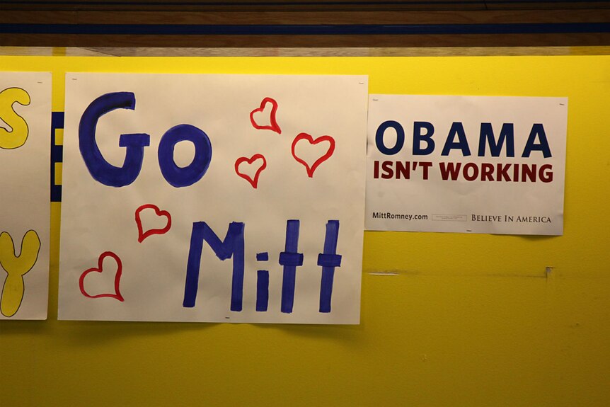 Posters of support in US presidential hopeful Mitt Romney's Iowa campaign headquarters.