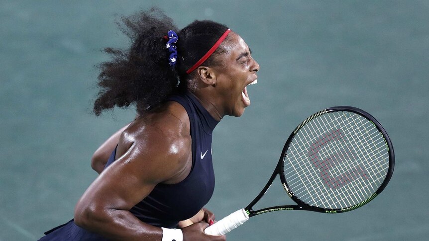 Serena Williams screams during tennis match against France's Alize Cornet at the Rio Olympics.