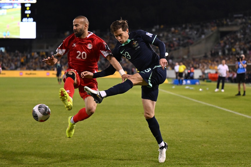 Craig Goodwin of Australia fights for the ball.