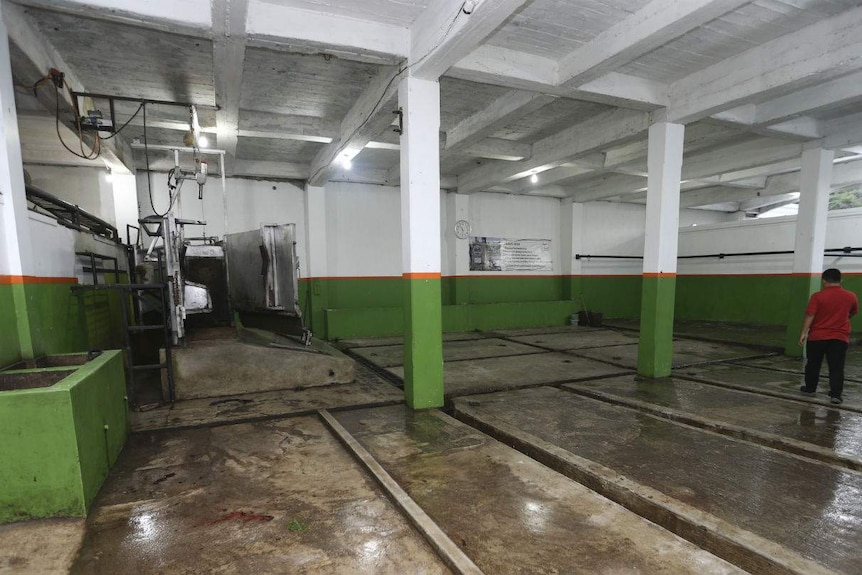 An empty concrete abattoir lined with channels and a cage in the corner.