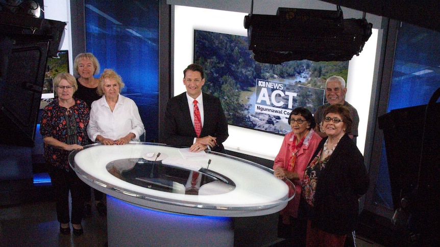 Indigenous elders gather to watch first ABC Canberra TV News broadcast with acknowledgement of country.