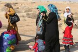 Iraqi women and children who fled Fallujah stand at checkpoint