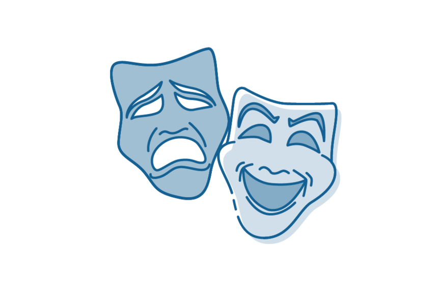 Icon drawing of two face masks - one smiling, one crying.