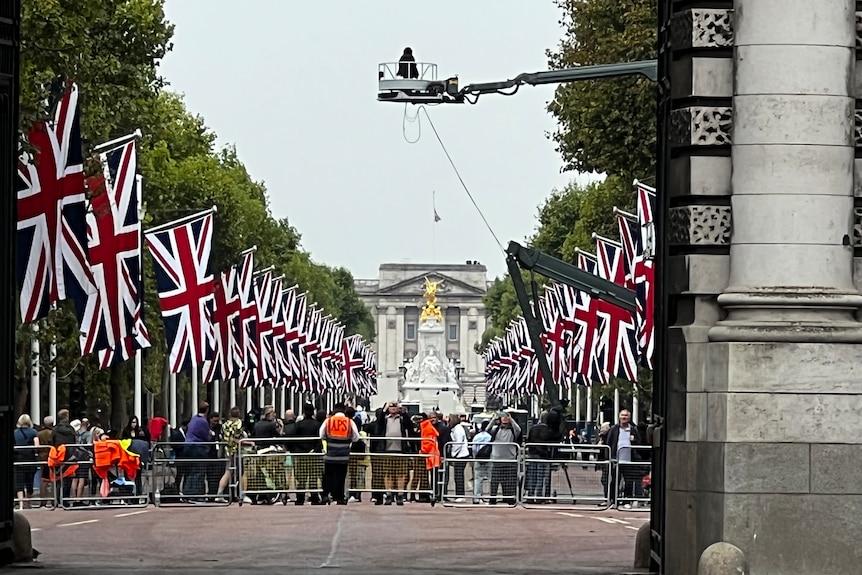British flags lining the mall up to Buckingham Palace.
