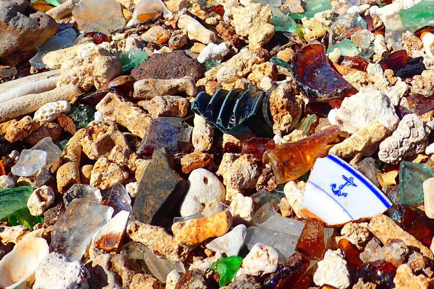 Broken glass and plates lay among seashells on the beach.