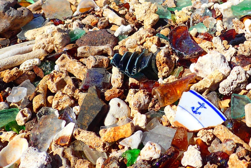 Broken glass and plates lay among seashells on the beach.