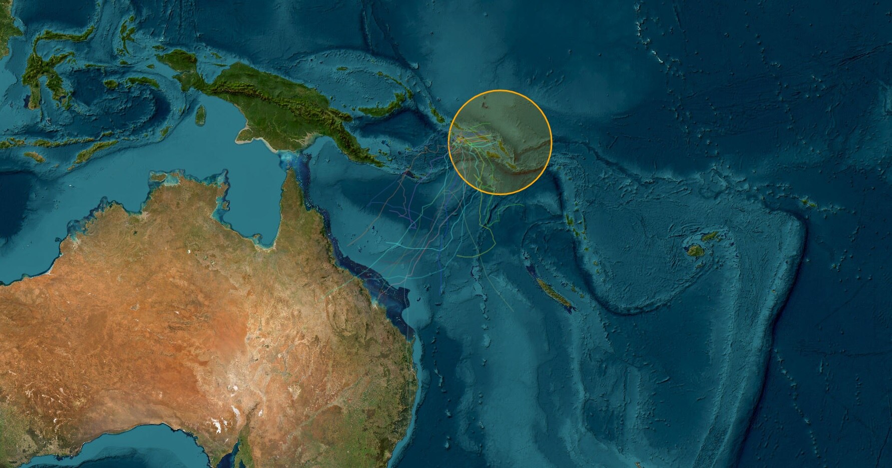 Map of Queensland and the Coral Sea showing possible cyclone paths.