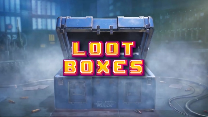 An open chest in an computer game with the words Loot Boxes in it.