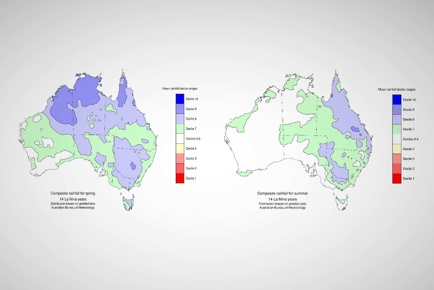 Two maps of Australia showing rainfall levels across spring and summer in La Niña years.