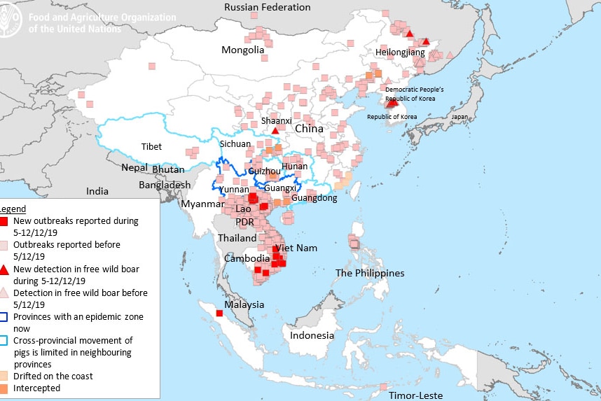Map marking areas of China, North and South Korea, Vietnam, Cambodia, Philippines and Indonesia for African swine fever