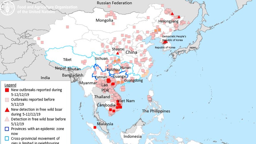 Map marking areas of China, North and South Korea, Vietnam, Cambodia, Philippines and Indonesia for African swine fever
