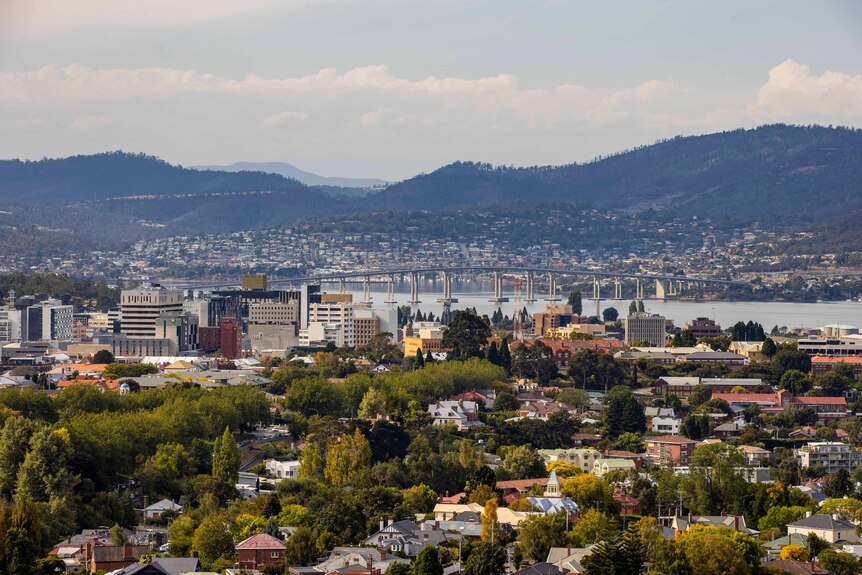 view over hobart and the River Derwent to the Tasman Bridge 