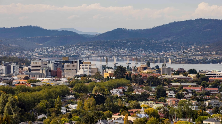 A view of Hobart CBD and the Tasman Bridge.