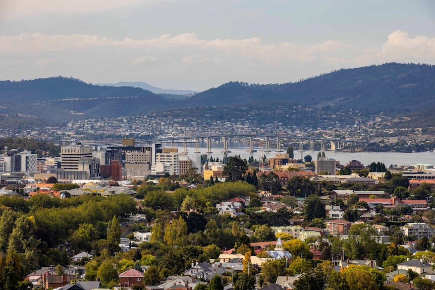 A view of Hobart CBD and the Tasman Bridge.