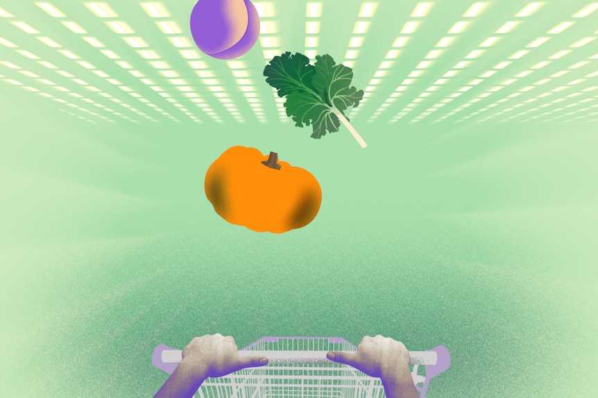 Illustration of a fruit and vegetables falling from bright background into trolley.