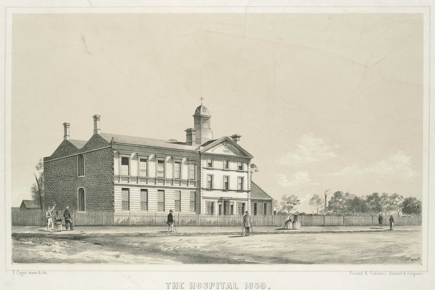 A drawn print of the Ballarat public hospital in 1859, three years after it was built.
