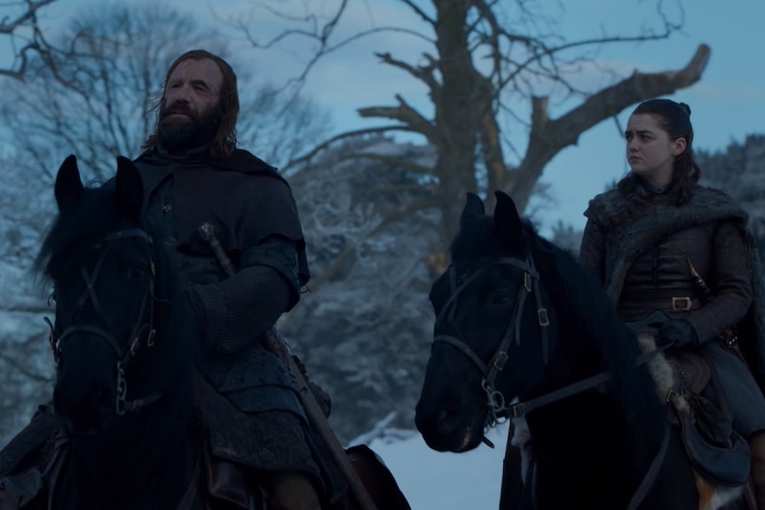 Arya and the Hound in a still image from season 8 of HBO's Game of Thrones