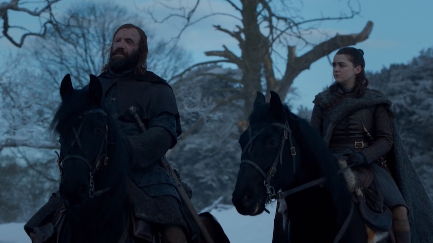 Arya and the Hound in a still image from season 8 of HBO's Game of Thrones