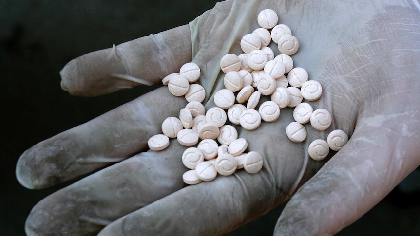 A customs officer displays Captagon pills